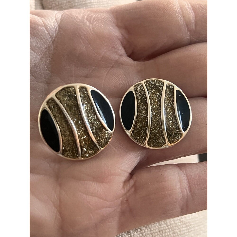 Vintage Golden Black Textured Enamel Earrings Curved Striped Design